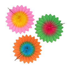 Load image into Gallery viewer, 3 paper flower fan decorations. one pink and yellow. ne green and red. and one orange and blue.
