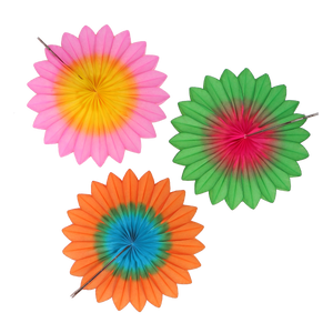 3 paper flower fan decorations. one pink and yellow. ne green and red. and one orange and blue.