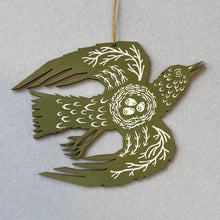 Load image into Gallery viewer, Folded Forest Screenprinted Wooden Decoration - Woodland Bird - Olive Green
