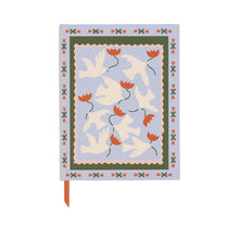 Load image into Gallery viewer, pale blue notebook with a desgn featuring 7 white doves with red flowers in their beaks.  Aound them is a border pattern of red flowers.
