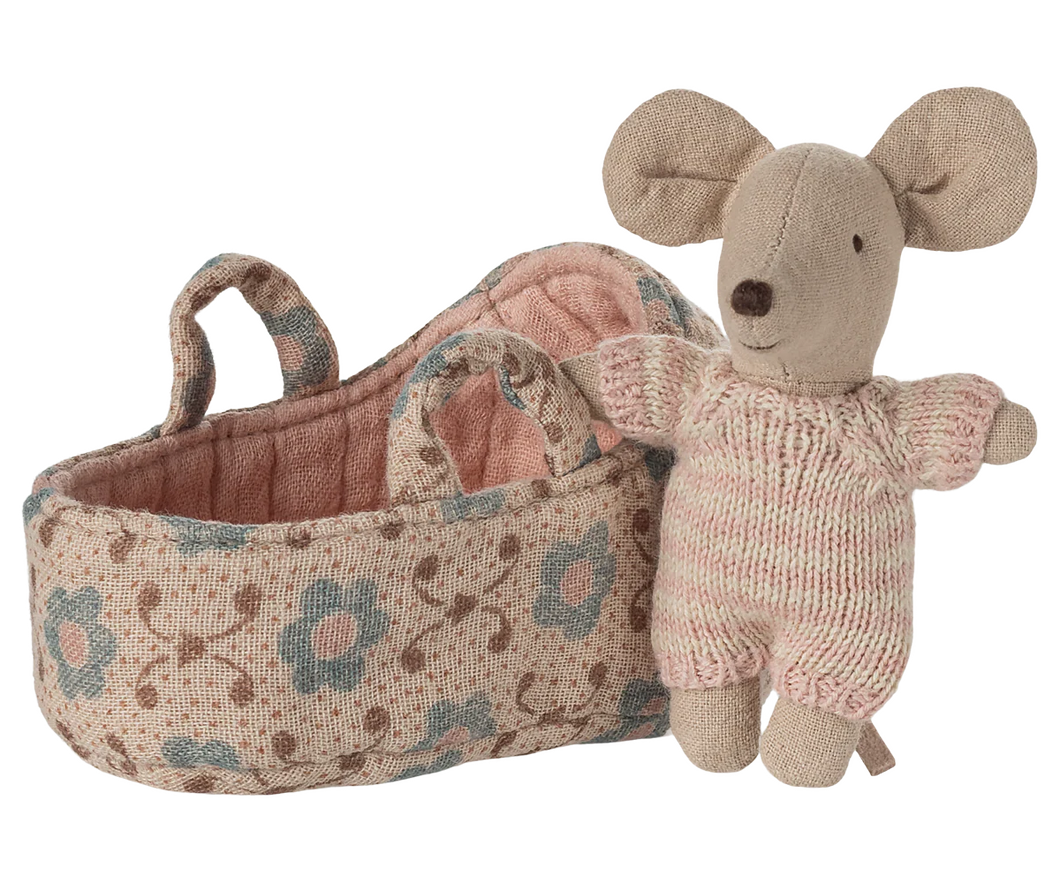 Maileg Sleepy Baby Mouse In Carry Cot - Rose