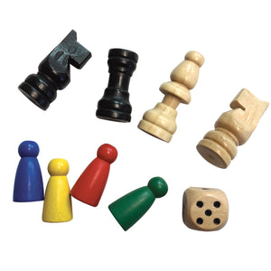 The simple wooden chess  and ludo pieces and dice are shown