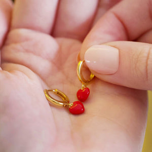 Red Enamel Heart Huggie Hoop Gold Earrings by Lisa Angel