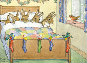 The Porch Fairies Christmas Card - Five Rabbits Tucked Up Warm