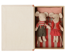 Load image into Gallery viewer, A boxed set of two plush toy mice posed inside an open cream-colored gift box. The mice are dressed in red and gray outfits and stand on a red-and-white striped fabric surface.
