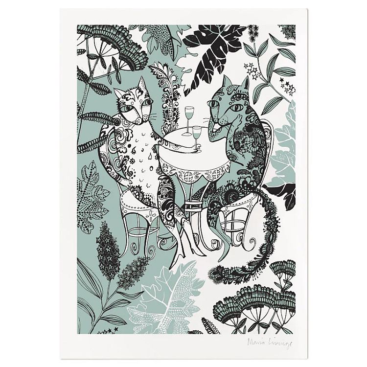 Hand illustrated grey and white image of two cats adorned in beautiful black patterns sitting at the table in a garden drinking wine in wine glasses. Surrounded by garden foliage