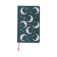 Load image into Gallery viewer, Notebook with moon and star design on a teal background
