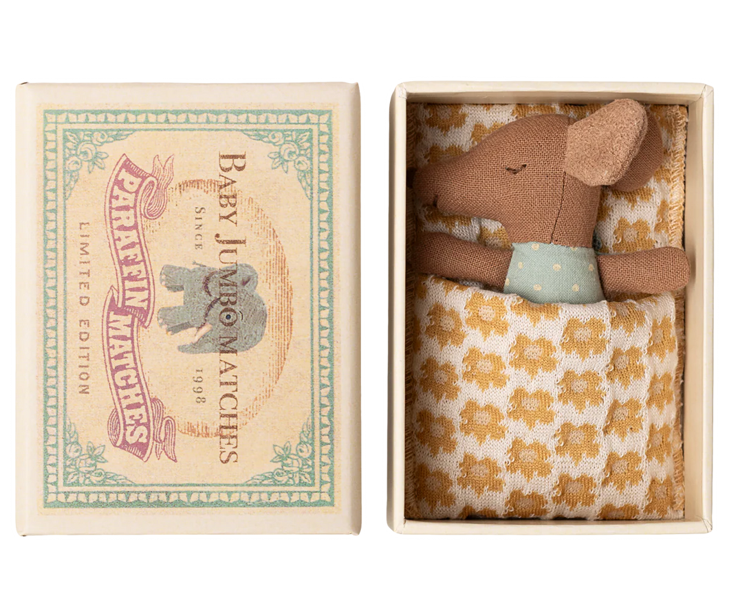 Maileg Sleepy Wakey Baby Mouse In Matchbox- Blue