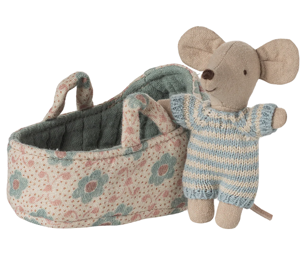 Maileg Sleepy Baby Mouse In Carry Cot - Blue
