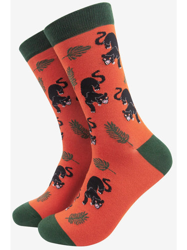 Orange sock with black panther on repeat print 