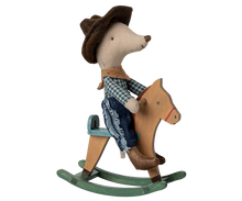 Load image into Gallery viewer, Maileg Little Brother Mouse - Cowboy On Rocking Horse
