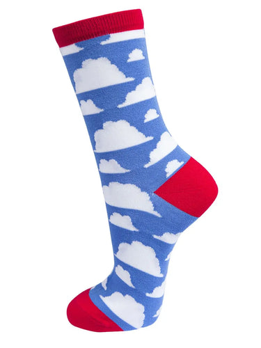 Women’s sock blue sky with white clouds. Red detail on cuff, heel and toe 