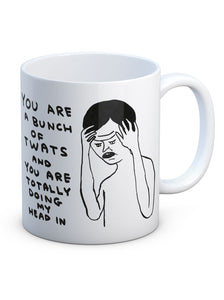 David Shrigley Boxed Mug - Bunch of Twats | £10.00. White ceramic mug with David Shrigley line drawing. The perfect gift for fans of humorous, quirky illustration.