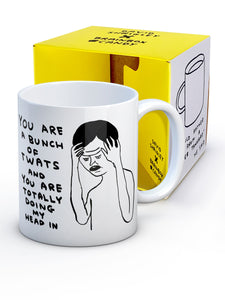 David Shrigley Boxed Mug - Bunch of Twats | £10.00. White ceramic mug with David Shrigley line drawing. The perfect gift for fans of humorous, quirky illustration.