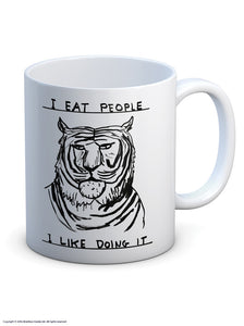 David Shrigley Boxed Mug - I Eat People | £10.00. White ceramic mug with David Shrigley line drawing of a tiger with the words "I eat people, I like doing it". The perfect gift for fans of humorous, quirky illustration.