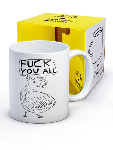 David Shrigley Boxed Mug - F**k You All | £10.00 | Brainbox Candy. White ceramic mug with David Shrigley line drawing of a cockerel with its head thrown back crowing the words 