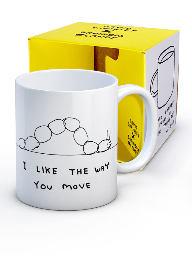 David Shrigley Boxed Mug - I Like The Way You Move | £10.00. White ceramic mug with David Shrigley line drawing of a caterpillar with the words 