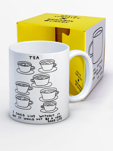 David Shrigley Boxed Mug – Live Without Tea | £10.00. White ceramic mug with David Shrigley line drawing of mugs of tea with the writing “Tea, I could live without it but it would not be a very good life”. The perfect gift for fans of humorous, quirky illustration.