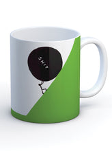 Load image into Gallery viewer, David Shrigley Boxed Mug - S**t Ball | £10.00| Brainbox Candy. White ceramic mug with David Shrigley line drawing of a ball of s**t (poo) pusing a stick man down a hill. The perfect gift for fans of humorous, quirky illustration.
