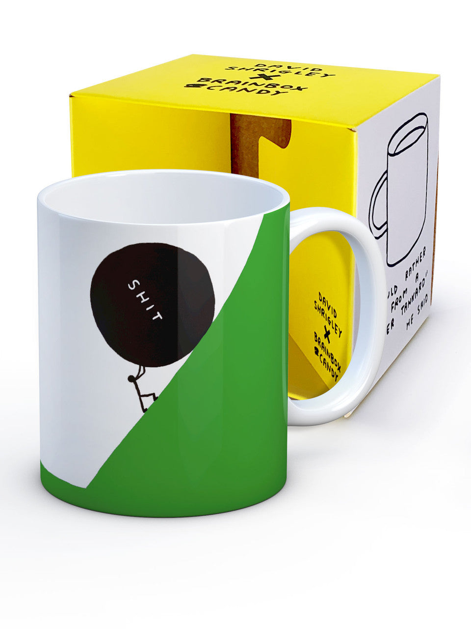 David Shrigley Boxed Mug - S**t Ball | £10.00| Brainbox Candy. White ceramic mug with David Shrigley line drawing of a ball of s**t (poo) pusing a stick man down a hill. The perfect gift for fans of humorous, quirky illustration.