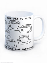 Load image into Gallery viewer, David Shrigley Boxed Mug – The Tea is Alive | £10.00. White ceramic mug with David Shrigley line drawing of mugs with a face within them with the writing “The tea is alive, it will live inside you”. The perfect gift for fans of humorous, quirky illustration and for tea drinkers.
