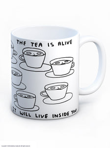 David Shrigley Boxed Mug – The Tea is Alive | £10.00. White ceramic mug with David Shrigley line drawing of mugs with a face within them with the writing “The tea is alive, it will live inside you”. The perfect gift for fans of humorous, quirky illustration and for tea drinkers.