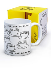 Load image into Gallery viewer, David Shrigley Boxed Mug – The Tea is Alive | £10.00. White ceramic mug with David Shrigley line drawing of mugs with a face within them with the writing “The tea is alive, it will live inside you”. The perfect gift for fans of humorous, quirky illustration and for tea drinkers.
