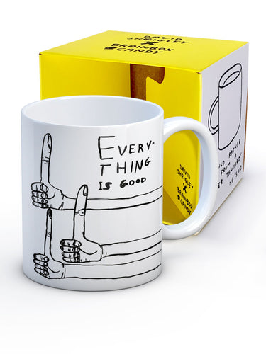 David Shrigley Boxed mug - Everything is Good | £10.00. White ceramic mug with David Shrigley line drawing of thumbs up with the words 