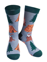 Load image into Gallery viewer, Light grey sock with orange tents green pine trees and red mushroom on repeat print. Dark green detail on cuff, heel and toes 
