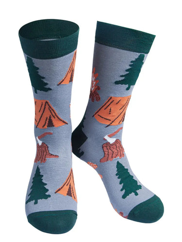 Light grey sock with orange tents green pine trees and red mushroom on repeat print. Dark green detail on cuff, heel and toes 