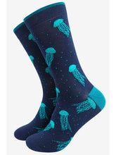 Load image into Gallery viewer, Dark blue sock with turquoise jellyfish all over print 
