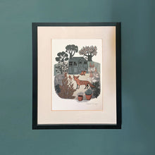 Load image into Gallery viewer, the print is photographed framed and mounted in a plain black frame
