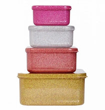 Load image into Gallery viewer, Set of 4 snack boxes one gold glitter, one in red glitter, one in silver glitter and one in pink glitter
