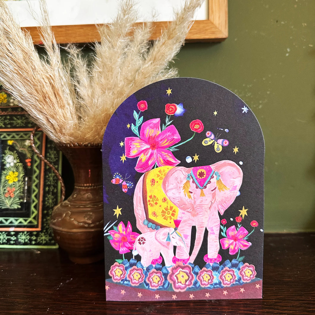 Elephant Mother and Child Die Cut Bell Jar Greetings Card by Hutch Cassidy