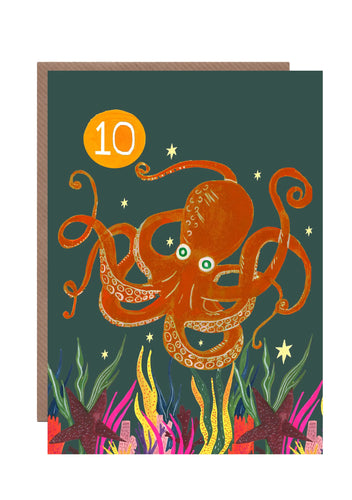 Vibrantly coloured 10th birthday card featuring an octopus swimming amongst seaweeds.  The number 10 is retired in an orange circle 