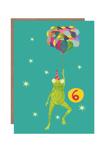 This 6th birthday card by Hutch Cassidy featured a smiling frog in a striped party hat being held aloft by a large bunch of multicoloured balloons he is holding.  The background is bright turquoise and the number 6 is prominently seen in a large yellow circle 