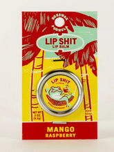Load image into Gallery viewer, Mango &amp; Raspberry Lip S**t by Blue Q | £7.50. All natural, vitamin E fortified lip balm. The lip balm is contained within a round metal tin with a sticker on the front depicting a frog relaxing in a hammock.
