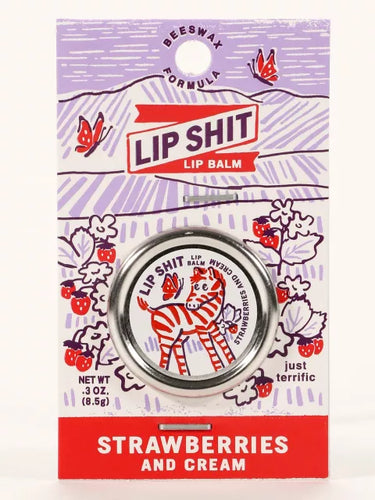Strawberry and Cream Lip S**t by Blue Q | £7.50. All natural, vitamin E fortified lip balm. The lip balm is contained within a round metal tin with a sticker on the front depicting a cute little zebra.