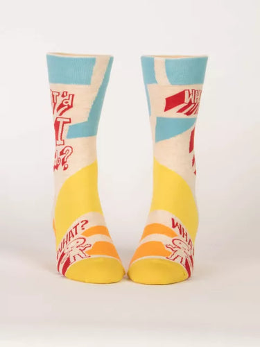 Wha’d I Do? Men’s crew Socks by Blue Q | £11.95. Ethical and sustainable socks with quirky, humorous designs and vibrant colours. The sock features abstract shapes in yellow and blue, and a little stick man with the words “Wha’d I Do?” above. 