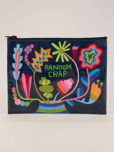 Made of 95% recycled materials which is water resistant and wipeable.  This pouch by Blue Q is a nice dark navy with a vibrant coloured design in bright colours depicting a striped. vase with bright,  exotic flowers. The words Random Crap in Green are in the middle of the design.  The design is on both sides of the zipper pouch.