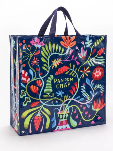 Random Crap Shopper Bag by Blue Q | £11.95. Made of 95% recycled materials which is water resistant and wipeable. This practical and roomy shoulder bag by Blue Q is a nice dark navy with a vibrant coloured design in bright colours depicting a striped. vase with bright, exotic flowers. The words “Random Crap” in green are in the middle of the design. The design is on both sides of the bag. There are short handles and long handles made of black webbing.
