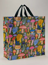 Load image into Gallery viewer, Mushrooms Shopper Bage by Blue Q| £11.95. Colourful shopper bag by Blue Q, with a green background with lots of different colourful species of mushroom covering it.
