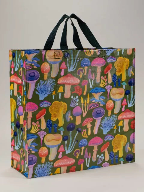 Mushrooms Shopper Bage by Blue Q| £11.95. Colourful shopper bag by Blue Q, with a green background with lots of different colourful species of mushroom covering it.