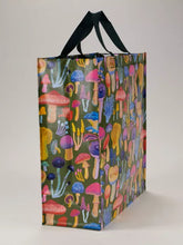 Load image into Gallery viewer, Mushrooms Shopper Bage by Blue Q| £11.95. Colourful shopper bag by Blue Q, with a green background with lots of different colourful species of mushroom covering it.
