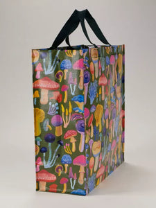 Mushrooms Shopper Bage by Blue Q| £11.95. Colourful shopper bag by Blue Q, with a green background with lots of different colourful species of mushroom covering it.