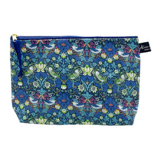 Load image into Gallery viewer, Matte waterproof wash bag. In blue and green straberry thief print 
