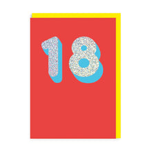 Load image into Gallery viewer, Bright red card with large glittery numbers 18 with turquoise shadowing.
