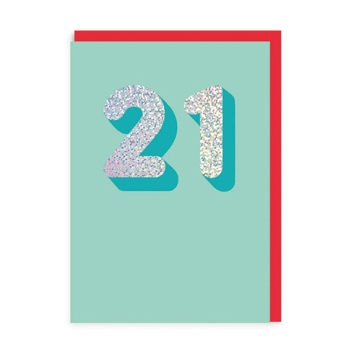 Bright mint coloured card with large gliterry numbers 21 with turquoise shadwing.