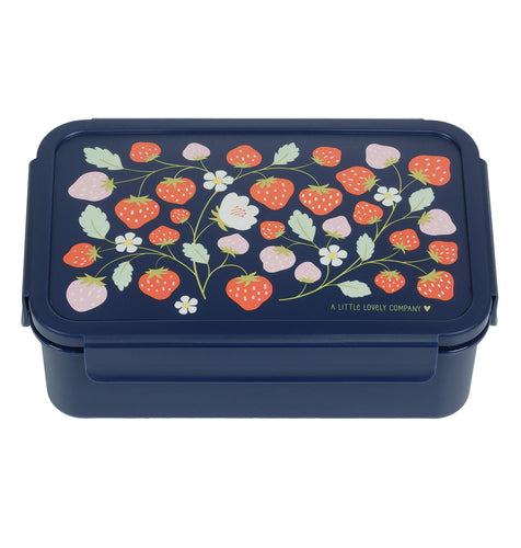 Bento lunch box in navy blue wirh straberries in ped and pink on lid.