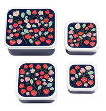 Load image into Gallery viewer, Set of 4 lunch boxes in navy blue with strawberries in pink abd red on lid
